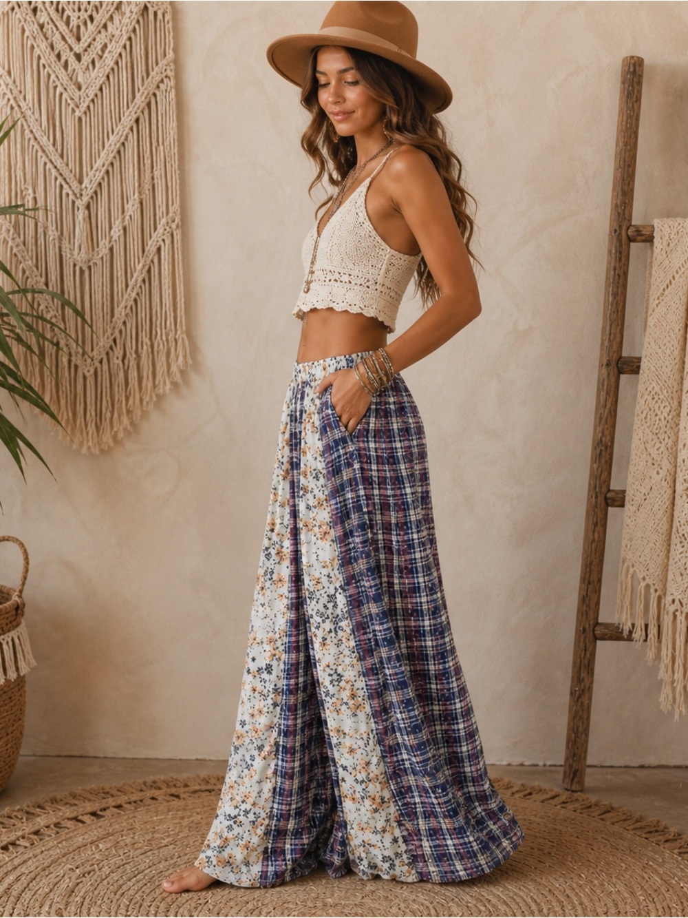 POL Boho Patchwork Wide Leg Pants Floral Plaid Bohemian Festival Pants Med NWT - Picture 3 of 10